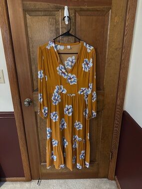 Old Navy Mustard Floral Long-Sleeve Midi Dress